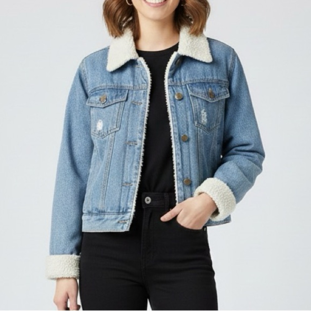 Anthro Puella Faux Shearling Lined Denim Jacket Size XS